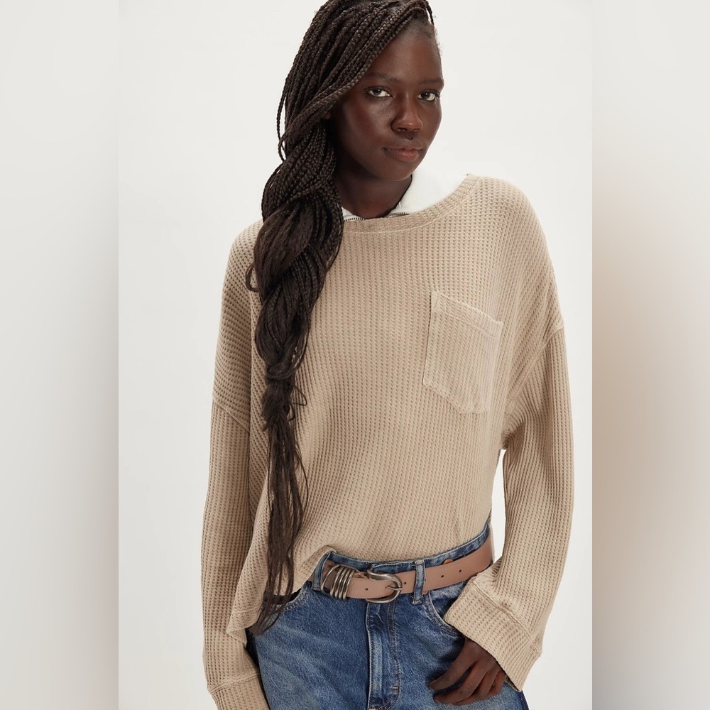We The Free Tan Waffle Knit Long Sleeve Top Size S Casual Boho Layering